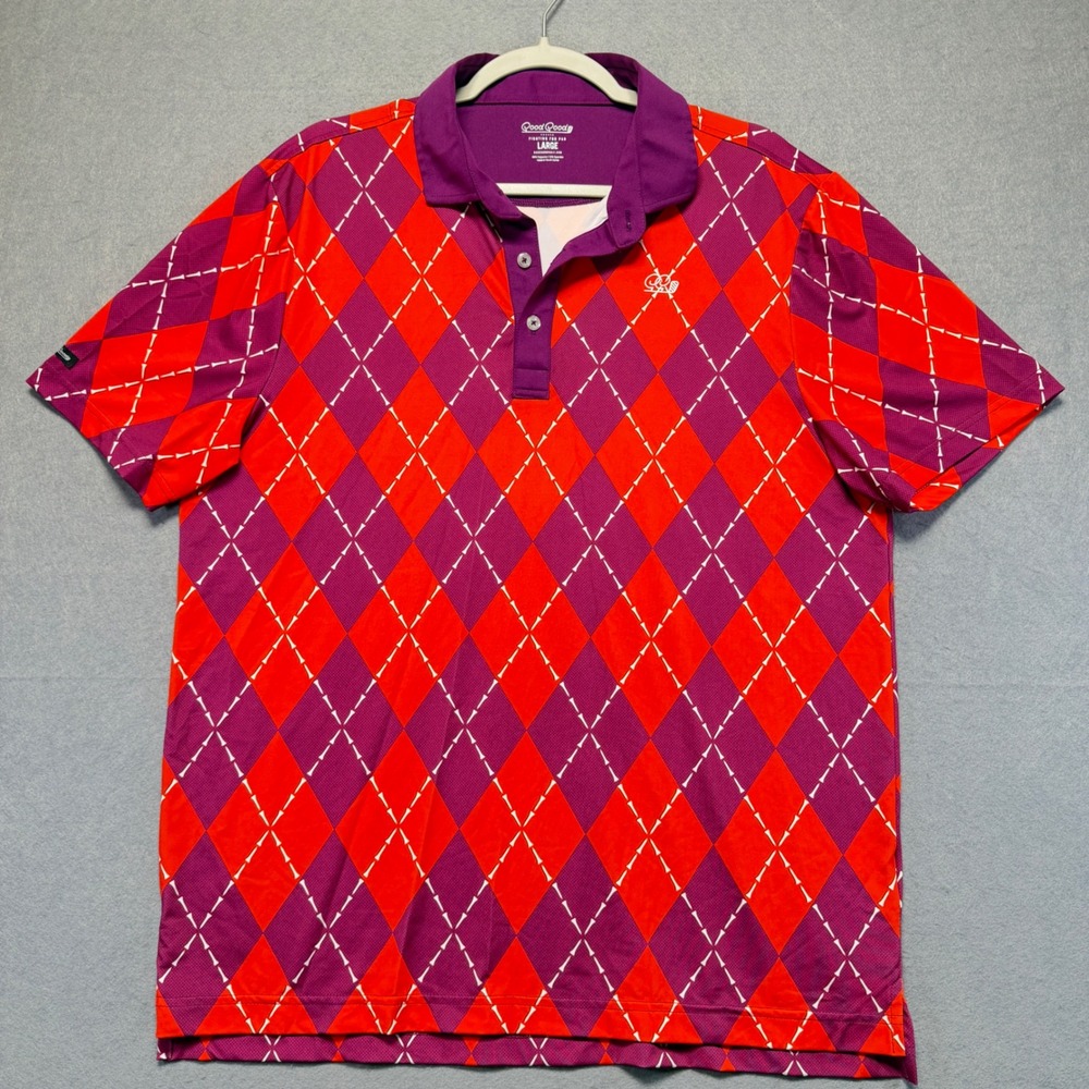 Good Good Golf Mens Argyle Polo Shirt Red Purple Tee Pattern Large Performance‎